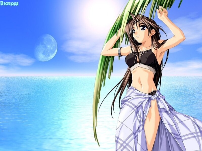 anime girl at beach with moon