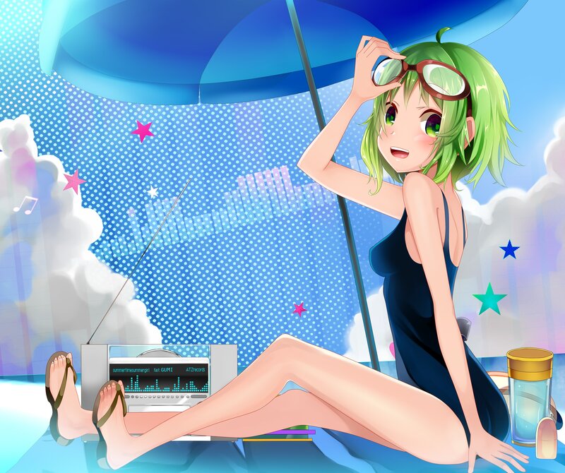 Anime girl at beach with radio