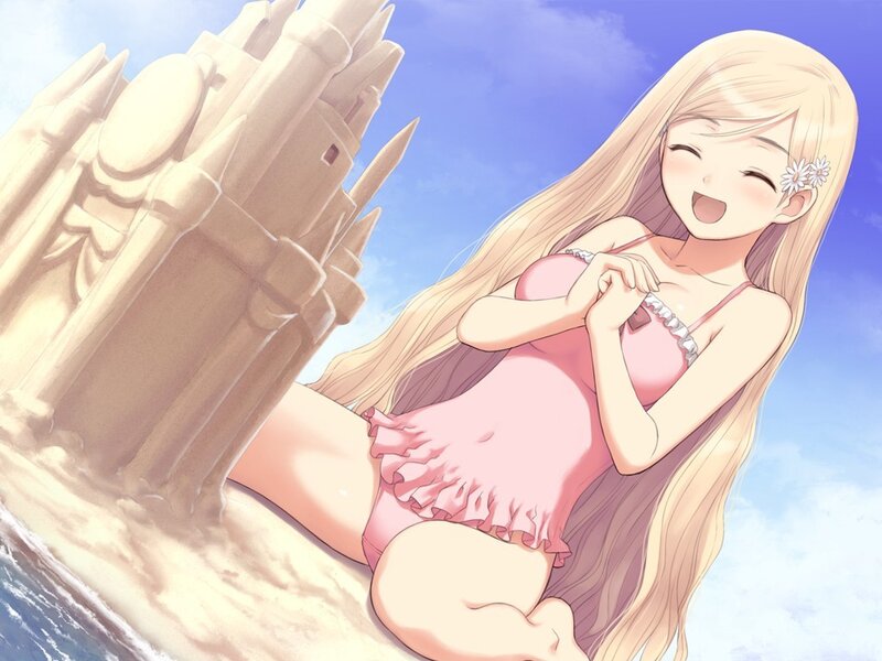 Anime girl at beach with sandcastle