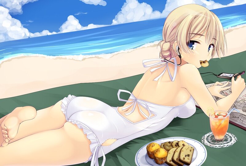 Anime girl at beach with snacks