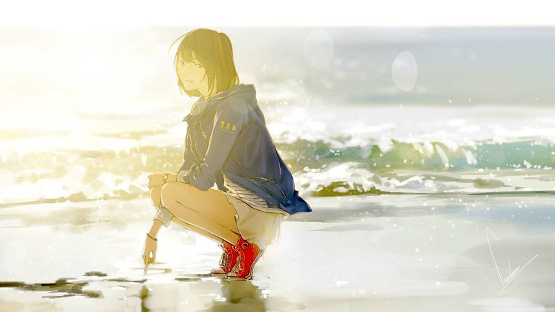 Anime Girl at Beach — Yellow, Serene, Sunset, Digital Art