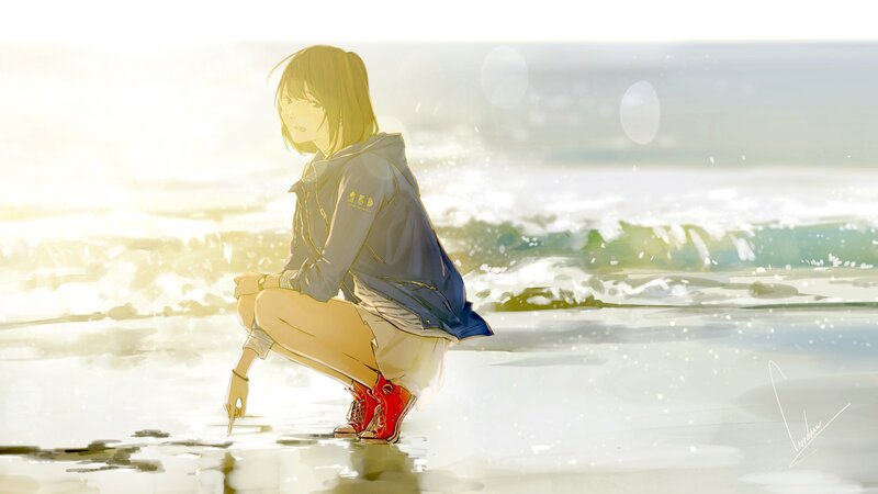 Anime Girl at Beach — Yellow, Serene, Sunset