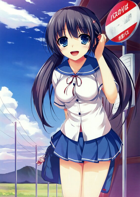 Anime Girl at Bus Stop — Blue, Calm, Afternoon, School Uniform