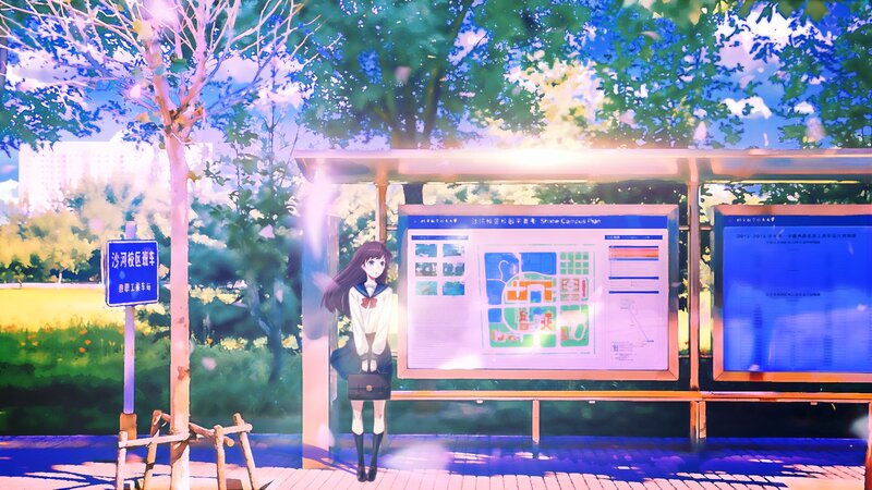 Anime Girl at Bus Stop — Blue, Serene, Afternoon, Bus Stop