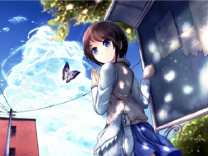 Anime Girl at Bus Stop — Blue, Serene, Afternoon, Butterfly, Clouds