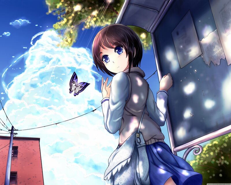 Anime Girl at Bus Stop — Blue, Serene, Afternoon, Butterfly
