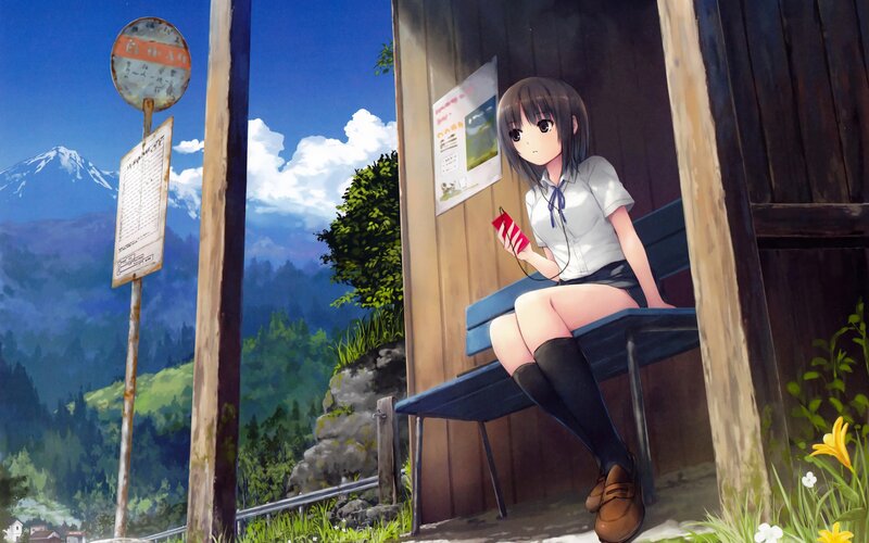 Anime Girl at Bus Stop — Blue, Serene, Afternoon, Mountain