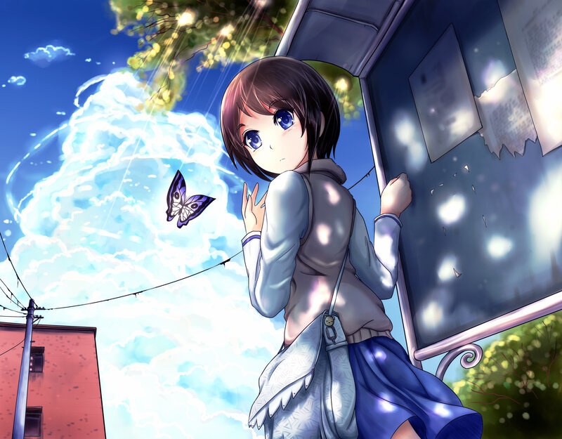 Anime Girl at Bus Stop — Blue, Serene, Afternoon