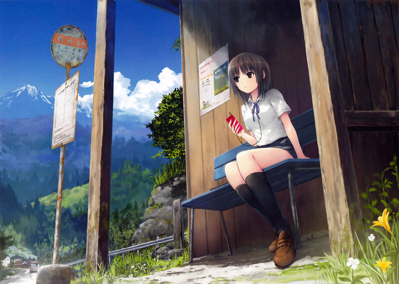 Anime Girl at Bus Stop — Blue, Serene