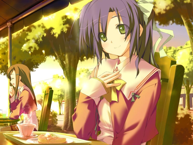 Anime Girl at Cafe — Purple, Serene, Afternoon