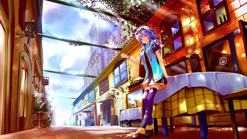 Anime Girl at Cafe — Purple, Serene