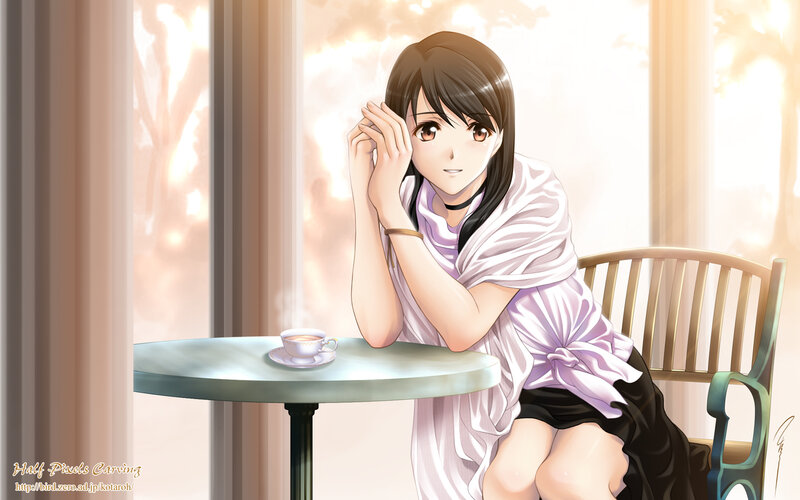 Anime girl at cafe table