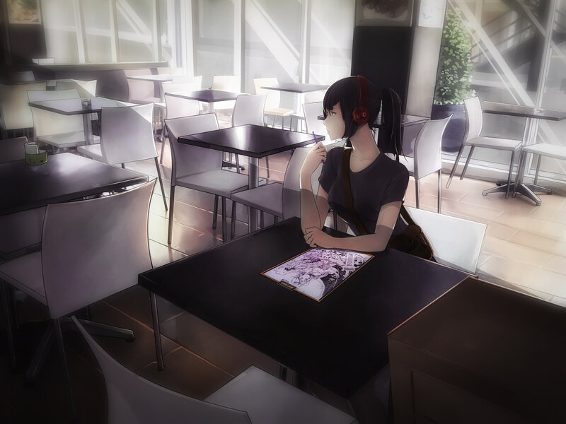 Anime Girl at Cafe Table — Black