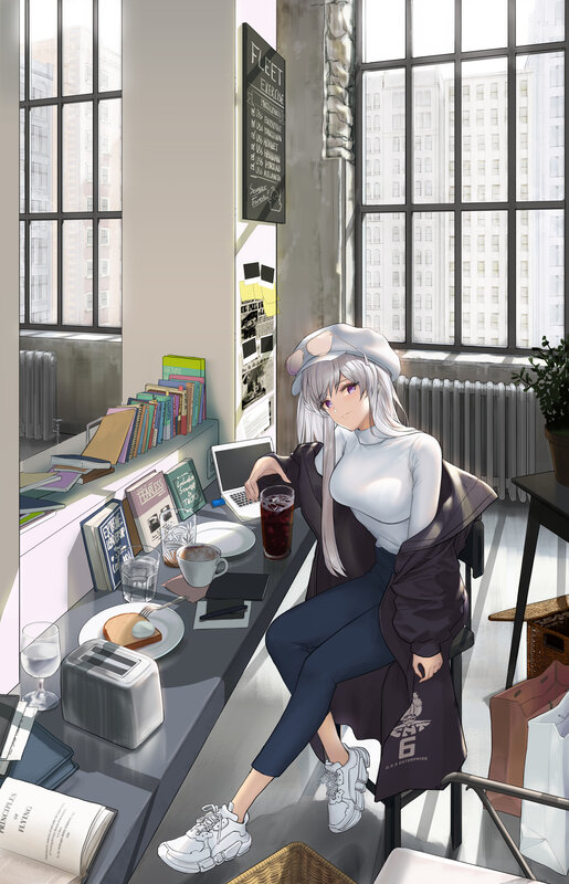 Anime Girl at Cafe Table — Gray