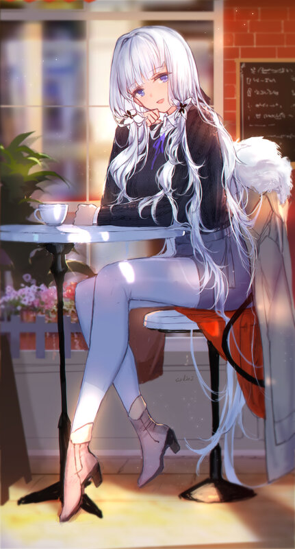 Anime Girl at Cafe Table — White