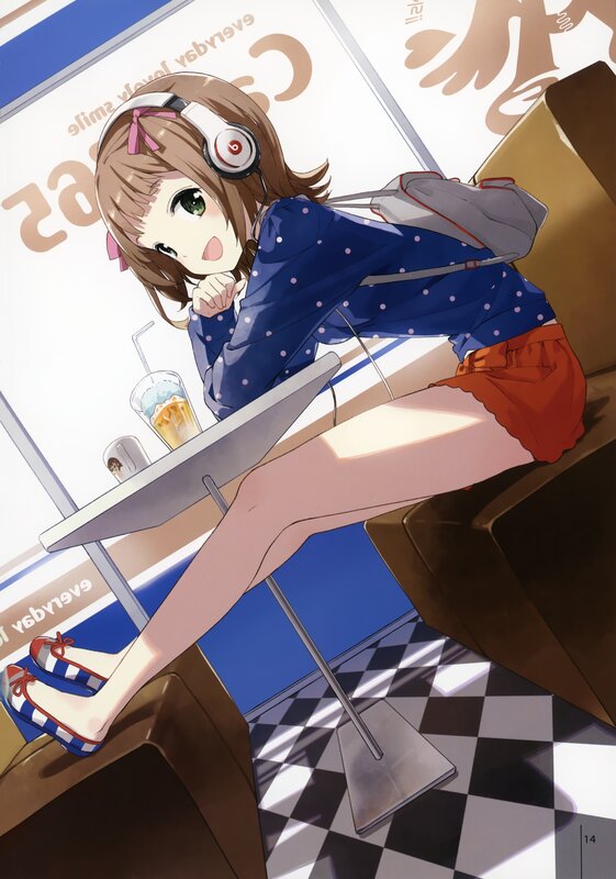 anime girl at cafe with headphones