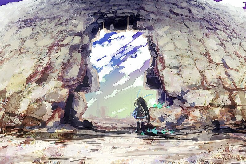 Anime girl at cave entrance