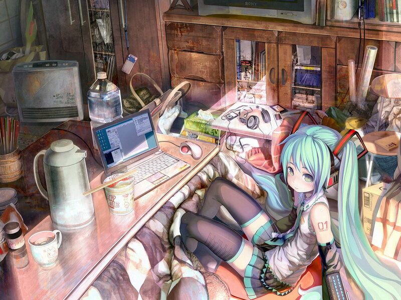 Anime girl at cluttered desk