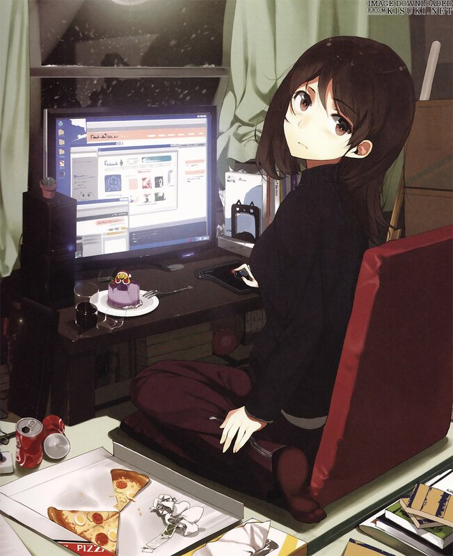 Anime Girl at Computer — Black