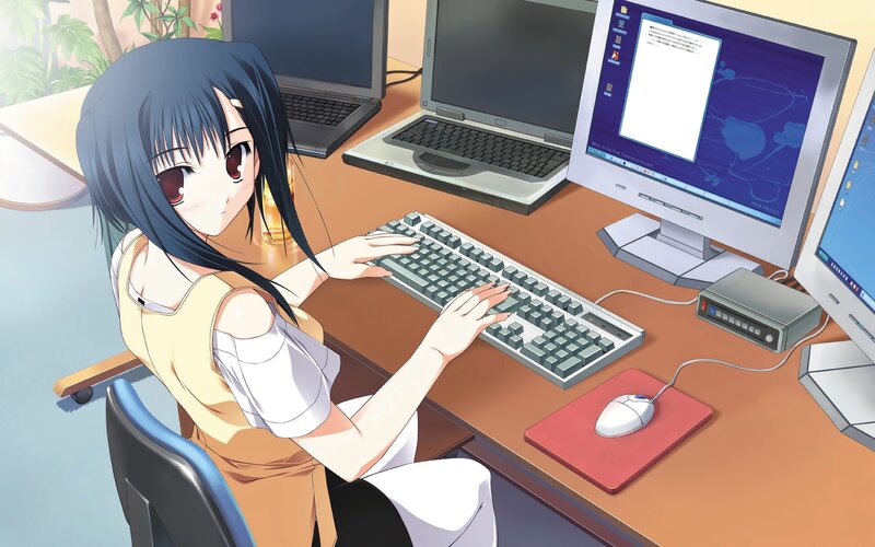 Anime Girl at Computer — Blue, Calm, Afternoon, Desk