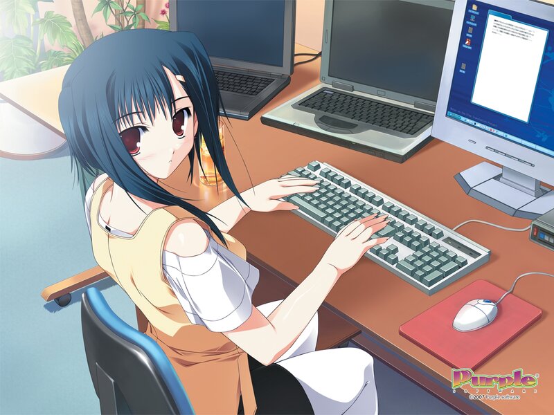 Anime Girl at Computer — Blue, Calm, Afternoon