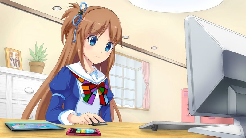 Anime Girl at Computer — Blue, Calm, Morning, Tablet, Smartphone