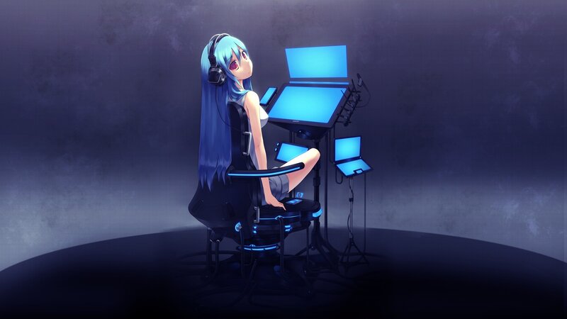 Anime Girl at Computer — Blue, Dark, Night