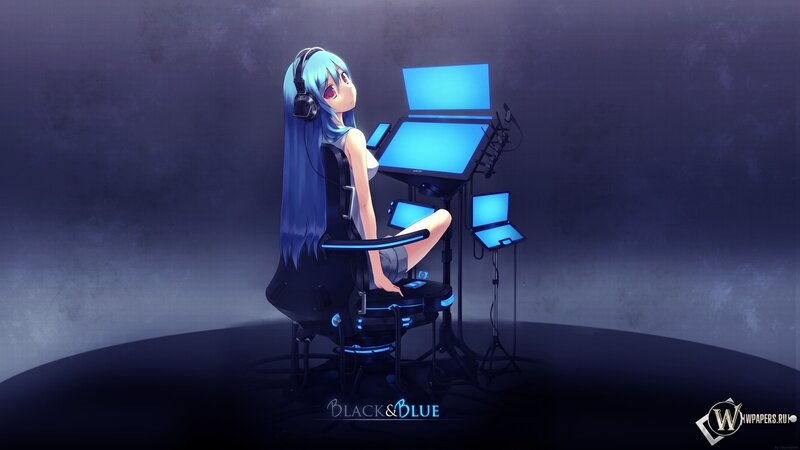 Anime Girl at Computer — Blue, Dark