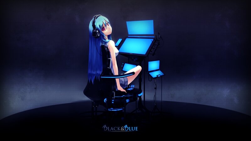 Anime Girl at Computer — Blue, Dramatic, Night