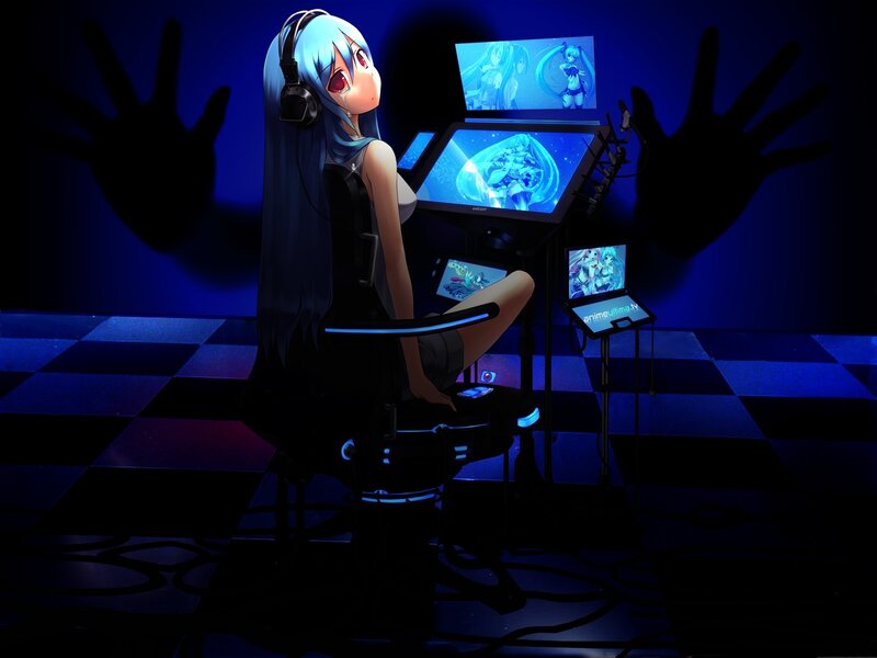Anime Girl at Computer — Blue, Dramatic