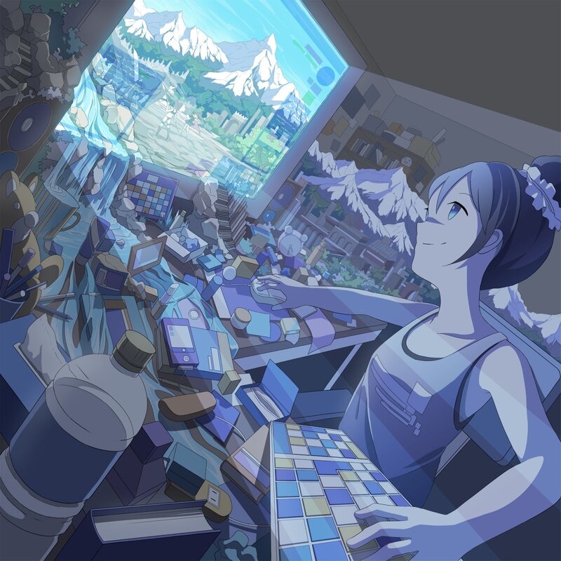 Anime Girl at Computer — Blue, Serene