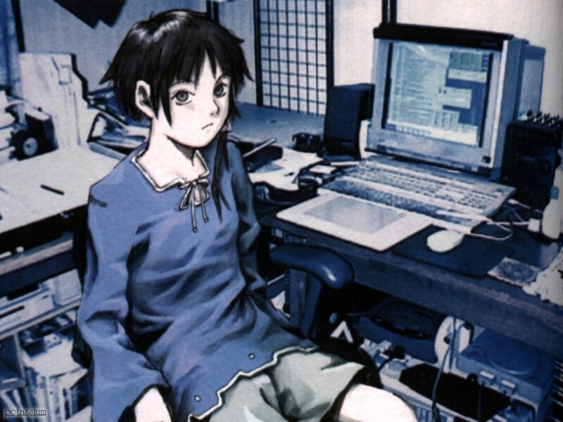 Anime Girl at Computer — Blue, Serious, Manga