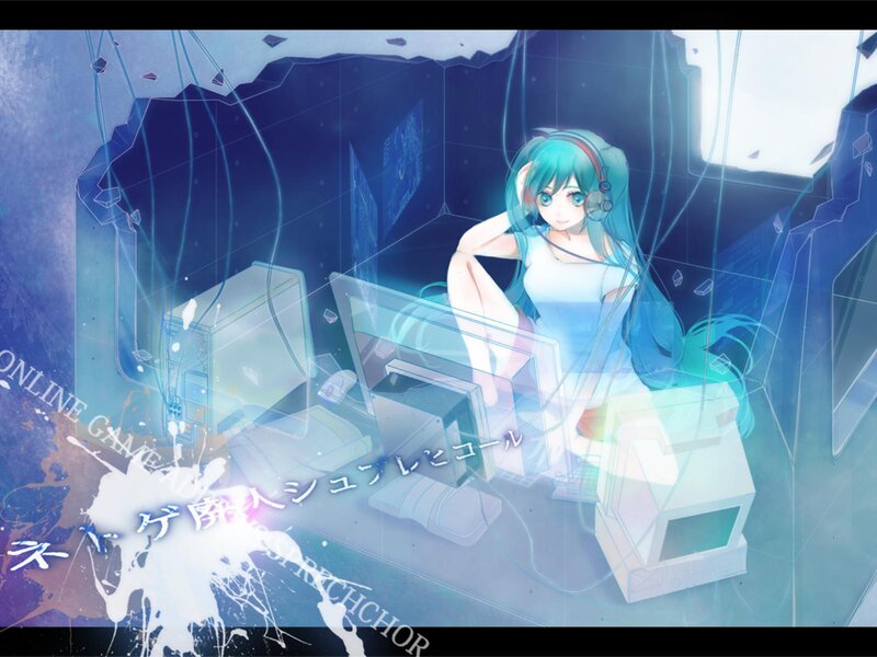 Anime Girl at Computer — Blue