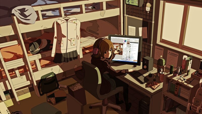 Anime Girl at Computer — Brown, Calm, Night, Bunk Bed