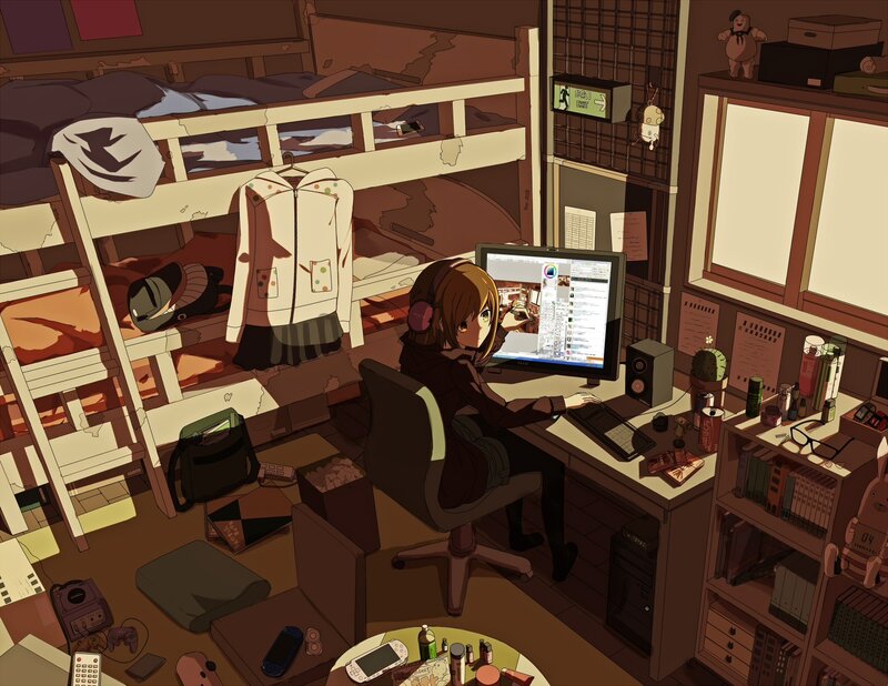 Anime Girl at Computer — Brown, Calm, Night