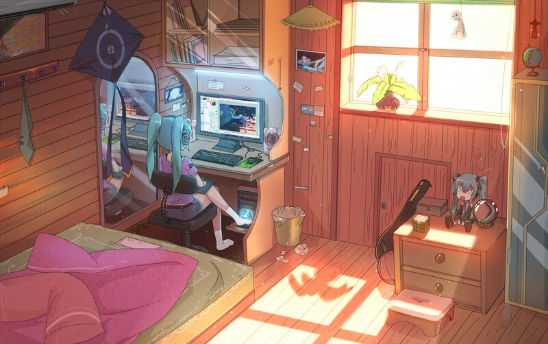 Anime Girl at Computer — Brown, Calm