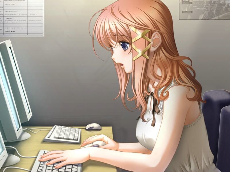 Anime Girl at Computer — Brown