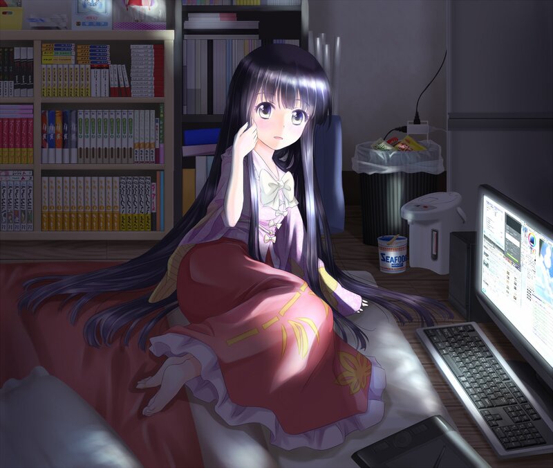 anime girl at computer desk