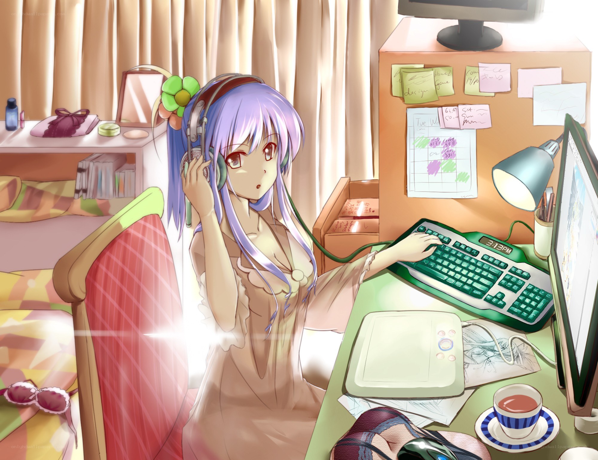 anime girl at computer desk