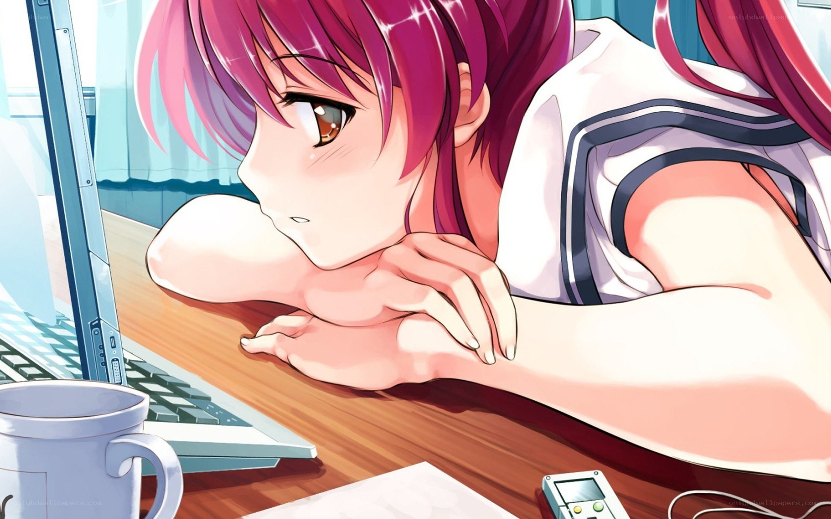 anime girl at computer desk