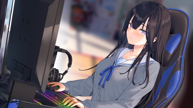 Anime Girl at Computer — Gray, Calm