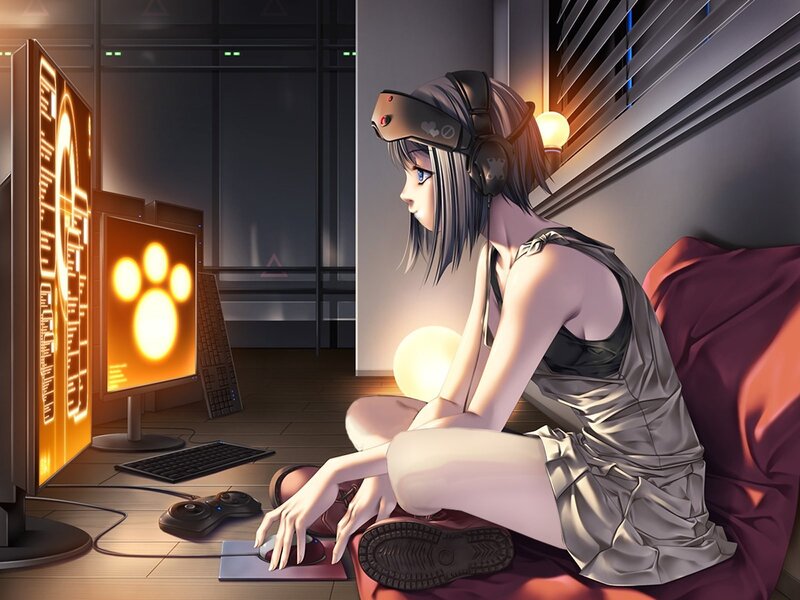 Anime Girl at Computer — Gray, Focused