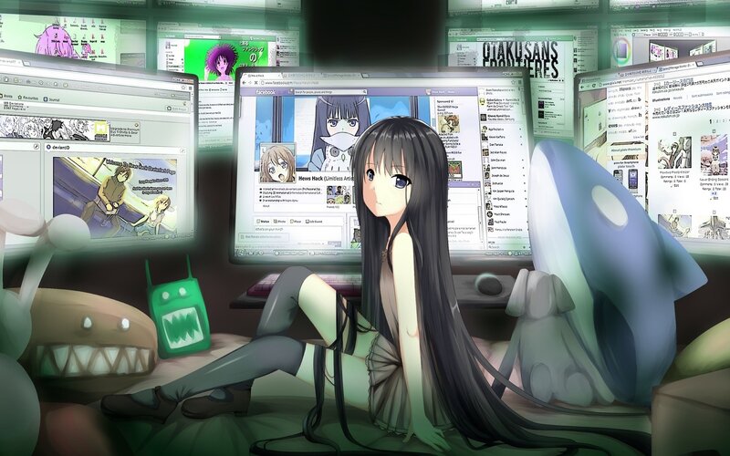 Anime Girl at Computer — Green, Calm, Digital Art