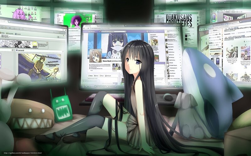 Anime Girl at Computer — Green, Calm