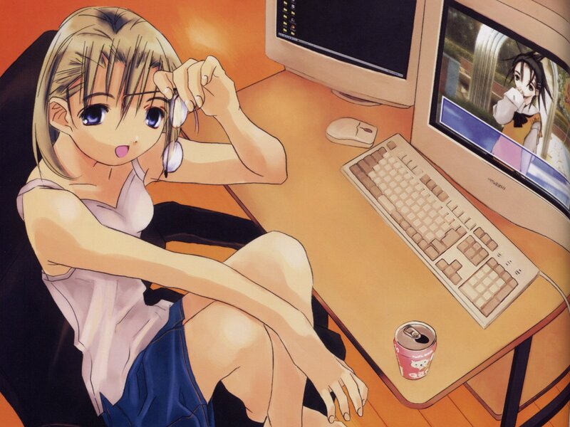 Anime Girl at Computer — Orange