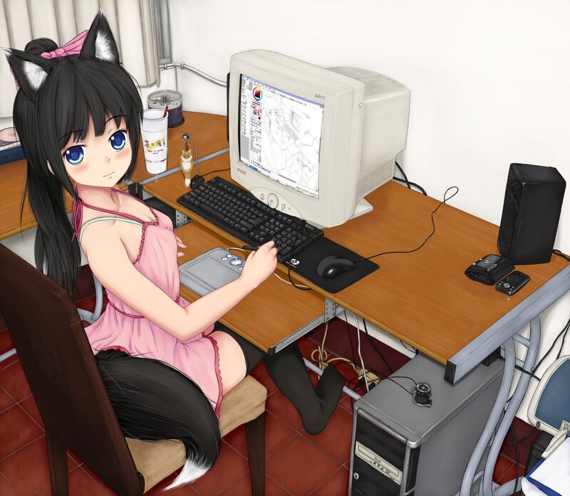 Anime Girl at Computer — Pink, Calm