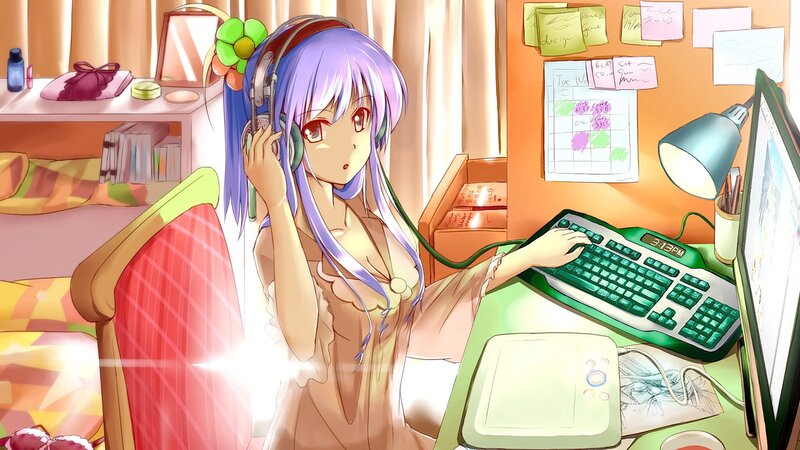 Anime Girl at Computer — Purple, Calm, Afternoon