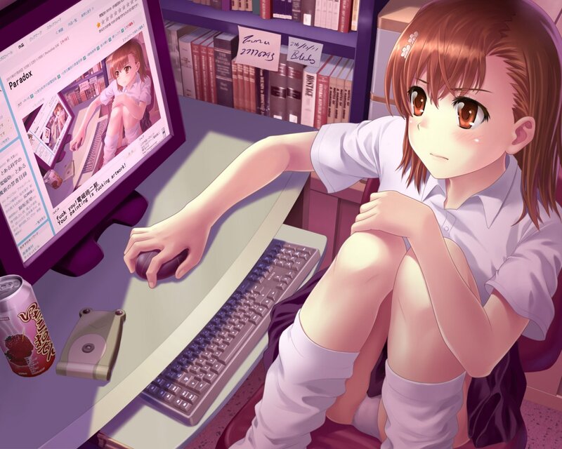 Anime Girl at Computer — Purple, Calm