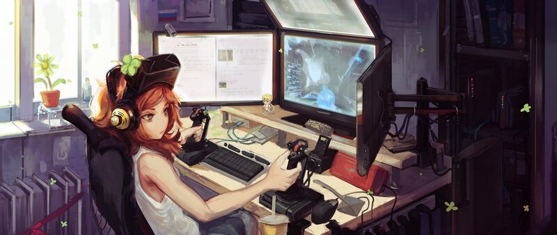 Anime Girl at Computer — Purple, Focused