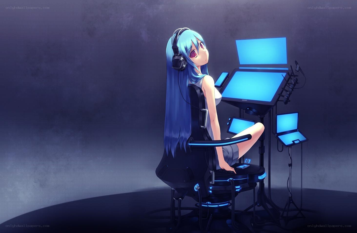 anime girl at computer station
